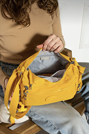 Çok Cepli Çapraz Askılı Kadın Omuz Çantası Orta Boy Günlük HV3007 Hardal