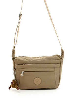 Çok Cepli Çapraz Askılı Kadın Omuz Çantası Orta Boy Günlük HV3046 Koyu Bej