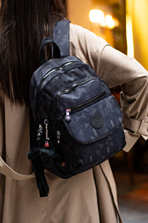 Çok Cepli Kadın Sırt Çantası Orta Boy Günlük HV3003 Siyah Desenli