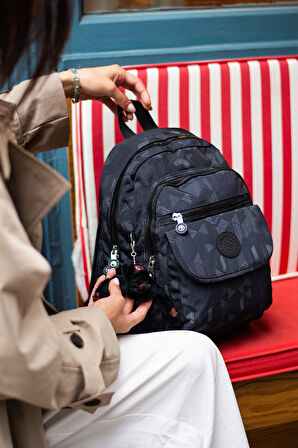 Çok Cepli Kadın Sırt Çantası Orta Boy Günlük HV3003 Siyah Desenli