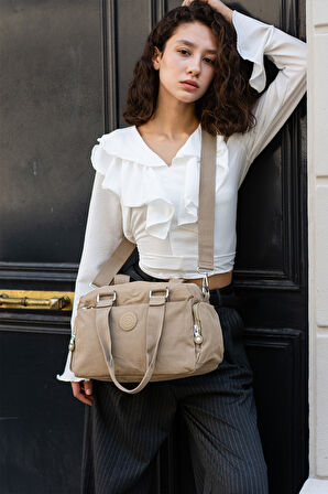 Çok Cepli Kadın Omuz Çantası Orta Boy Günlük HV3030 Koyu Bej