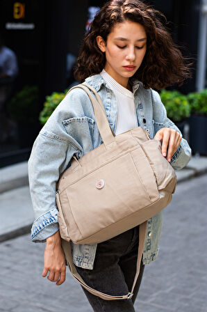 Çok Cepli Kadın Omuz Çantası Büyük Boy Günlük HV7003 Bej