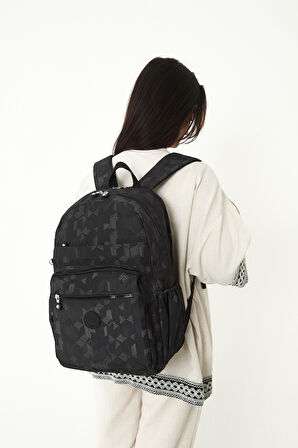 Çok Cepli Kadın Sırt Çantası Büyük Boy Okul ve Günlük HV3062 Siyah Desenli