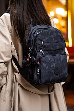 Çok Cepli Kadın Sırt Çantası Orta Boy Günlük HV3001 Siyah Desenli