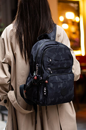 Çok Cepli Kadın Sırt Çantası Orta Boy Günlük HV3001 Siyah Desenli