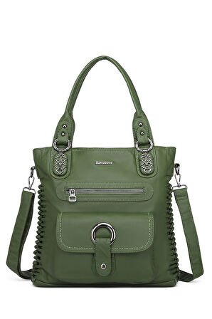 Barcelona Günlük Büyük ve Çok Cepli Kadın Omuz Çantası Uzun Askılı 1822 Koyu Yeşil