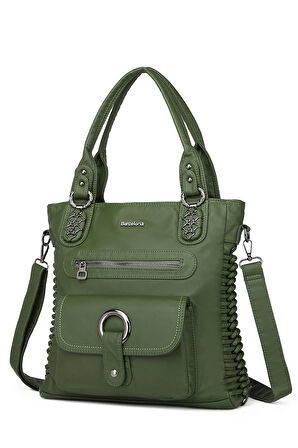 Barcelona Günlük Büyük ve Çok Cepli Kadın Omuz Çantası Uzun Askılı 1822 Koyu Yeşil