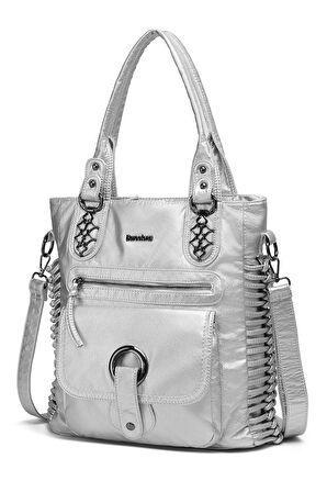 Barcelona Günlük Büyük ve Çok Cepli Kadın Omuz Çantası Uzun Askılı 1822 Platin