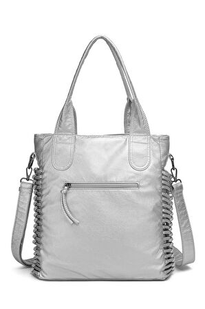 Barcelona Günlük Büyük ve Çok Cepli Kadın Omuz Çantası Uzun Askılı 1822 Platin