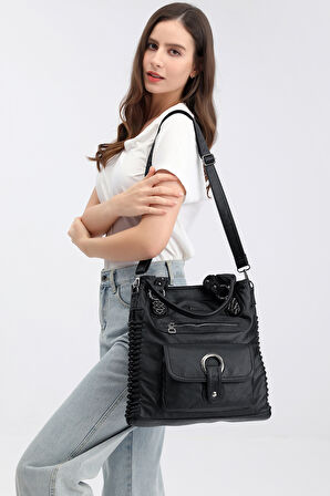 Barcelona Günlük Büyük ve Çok Cepli Kadın Omuz Çantası Uzun Askılı 1822 Platin