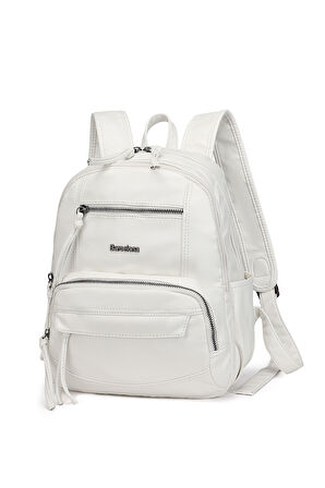 Barcelona Günlük Çok Cepli Orta Boy Kadın Sırt  Çantası 1871 Beyaz