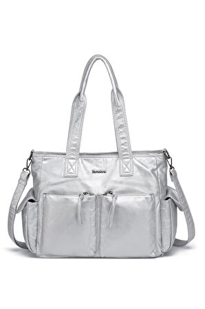 Barcelona Büyük Shopper Çok Cepli Uzun Askılı Kadın Omuz Çantası1927 Platin