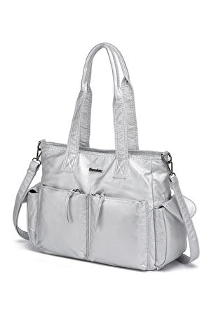 Barcelona Büyük Shopper Çok Cepli Uzun Askılı Kadın Omuz Çantası1927 Platin