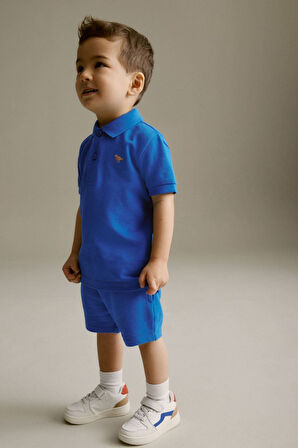 Next Baby % 100 Pamuklu Saks Mavi Polo Yaka Şortlu Alt Üst Takım