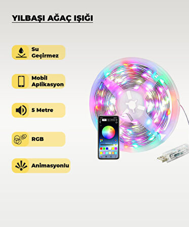 Yılbaşı Ağacı Şerit Led - 10 Metre- Telefondan Kontrol - Ses Duyarlı