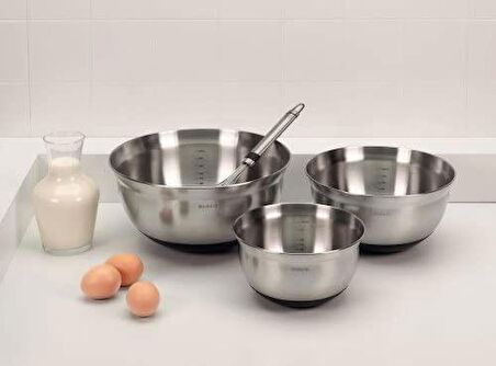 Brabantia Karıştırma Kabı Seti 1, 1,6 & 3 litre - Mat Çelik / Siyah