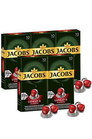 Jacobs Lungo 6 Classic Nespresso Uyumlu Alüminyum Kapsül Kahve 10 Adet X 5 Paket