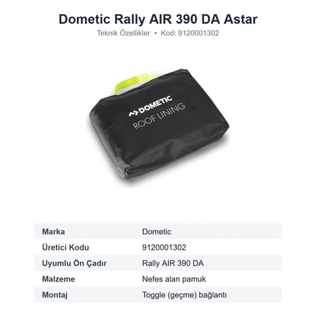 Dometic Rally AIR 390 DA Drive-Away Ön Çadır Tavan Astarı Roof Lining (9120001302)