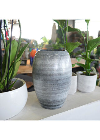 Ayla Seramik Darbeli Siyah Uzun Saksı 20x30 cm 