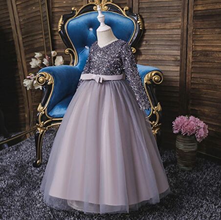 Tarlatanlı Sakallı Pul Payetli Kız Çocuk Elbisesi - Balo Elbisesi - Kız Çocuk Abiye Modeli