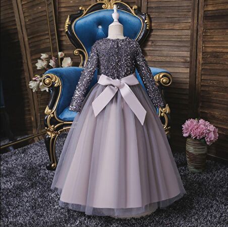 Tarlatanlı Sakallı Pul Payetli Kız Çocuk Elbisesi - Balo Elbisesi - Kız Çocuk Abiye Modeli