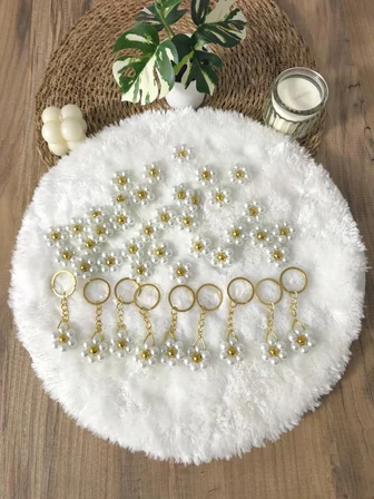 Pamuğum Atelier Papatya Tasarımlı İnci Boncuk (8mm) Gold Papatya Anahtarlık Hediyeliği (15 Adet)