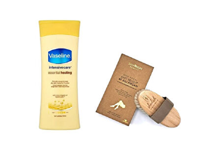 Vaseline Losyon 400 ml + Shadish Doğal At Kılı Selülit Fırçası | Cilt Bakım ve Masaj Seti