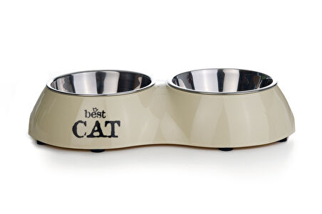 Beeztees Kedi İkili Mama ve Su Kabı, Paslanmaz Çelik, Bej, 26,5x15x4,5cm, 2x160ml