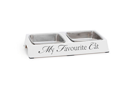 Beeztees DBL Kedi İkili Mama ve Su Kabı, Paslanmaz Çelik, Beyaz, 24x12x4cm, 2x130ml