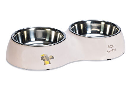 Beeztees Köpek İkili Mama ve Su Kabı, Paslanmaz Çelik, Pudra Pembe, 34x17,5cm, 2x350ml