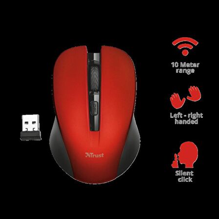 TRUST 21871 MYDO SESSİZ KABLOSUZ 1800DPI OPTIK MOUSE KIRMIZI