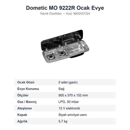 Dometic SMEV MO 9222R 2 Gözlü Ocak Evye Kombinasyonu, Cam Kapaklı, Evye Sağda (9600037324)
