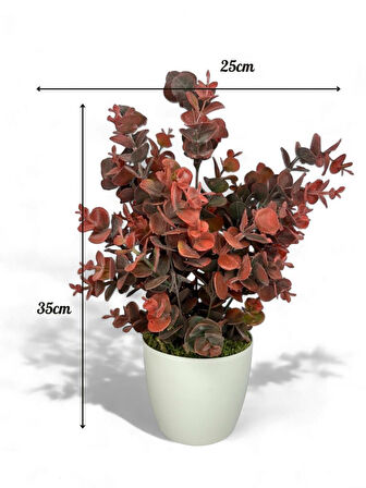 Yapay Çiçek Beyaz Saksıda Okaliptus Şimşir Demeti Pudralı Pastel Bordo Dekoratif Yapay Bitki