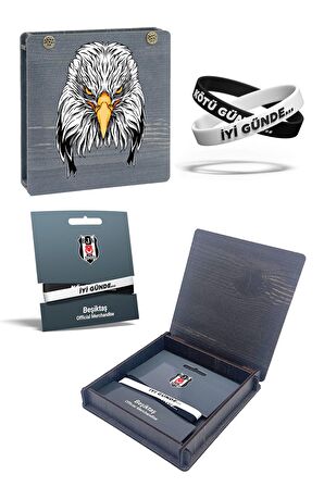 Beşiktaş Orijinal 2'li Silikon İyi Günde Kötü Günde Bileklik Kartal Baskılı Hediyelik Ahşap Kutulu
