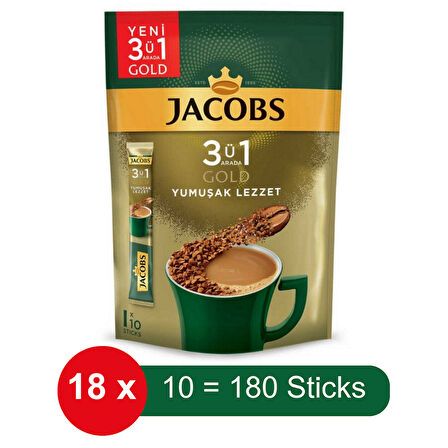 Jacobs 3 ü 1 Arada Gold Yumuşak Lezzet Hazır Kahve – 10 lu Paket x 18 Adet