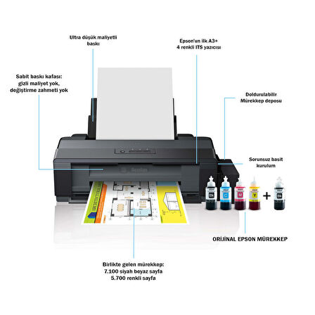 Epson L1300 ITS Renkli A3+ Mürekkep Tanklı Yazıcı Orijinal Epson Mürekkep 4 x 70 ml + 1 Ekstra Siyah Mürekkep C11CD81403