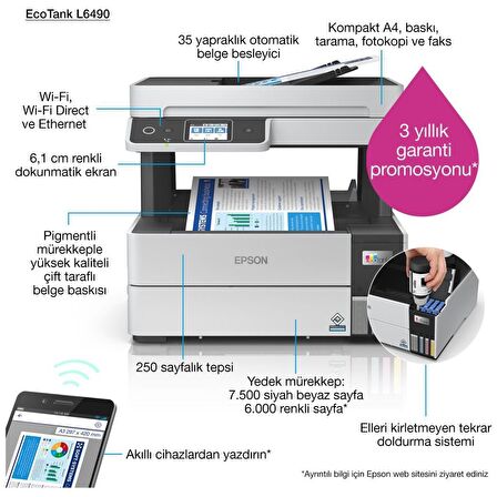 Epson Ecotank L6490 Wifi + Fax + Fotokopi + Tarayıcı Renkli Çok Fonksiyonlu Tanklı Yazıcı