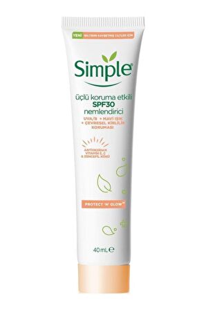 Simple Protect&Glow Tüm Cilt Tipleri İçin Su Bazlı Yağsız SPF30 Nemlendirici Yüz Bakım Kremi 40 ml