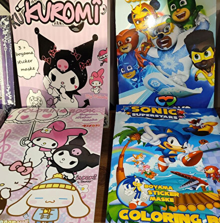 4 adet stickerli boyama kitabı (kuromi,sonic,hello kitty,pijamaske figürlü)