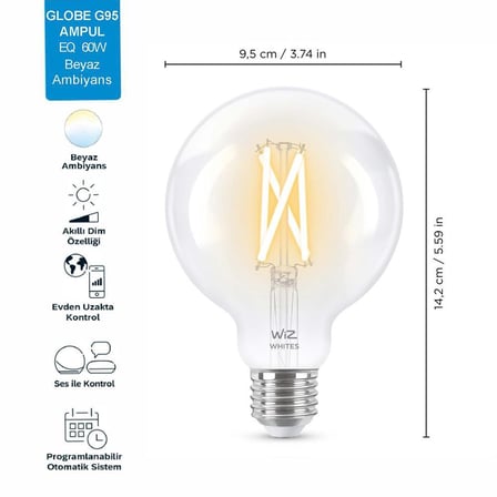 WiZ  Wi-Fi  Beyaz Ambiyans Akıllı Filament Ampul - 60W - G95 - E27 Normal Duy