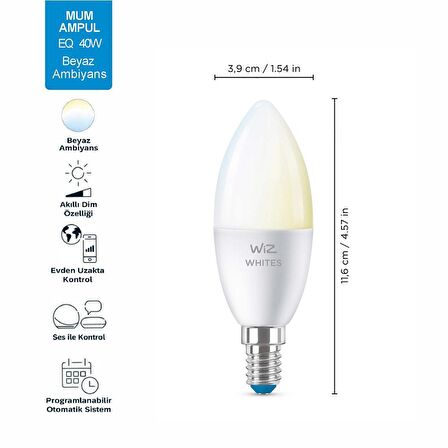 WİZ-Wi-Fi 2700K-6500K Beyaz Ambiyans Akıllı Ampul - 40W - C37 - E14 İnce Duy