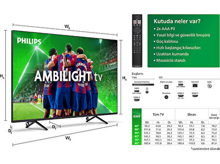 PHILIPS 50PUS8309/62 50 inç 126 Ekran Uydu Alıcılı Smart 4K UHD Dolby Vision Dolby Atmos Titan OS Ambilight TV