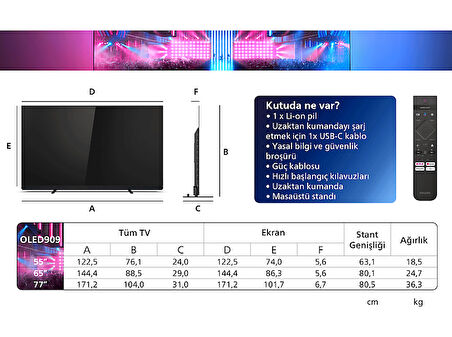 PHILIPS 77OLED909/12 77 inç 194 Ekran Smart 4K UHD Bowers & Wilkins Dolby Vision & Atmos Google Ambilight OLED TV 