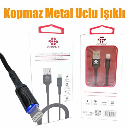 (İphone) Kopmaz Metal Uclu Işıklı Hızlı Şarj Kablosu Arbaks ARB050