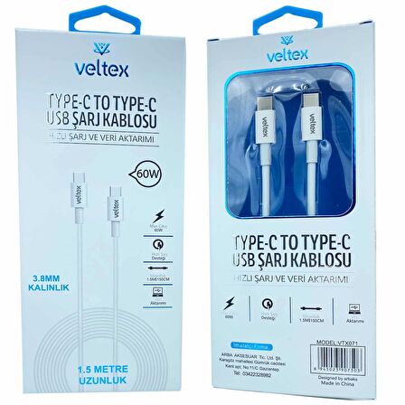 1.5 Metre PD 60W Type-C To Type-C Hızlı USB Kablo 3.8MM Kalınlık Veltex VTX071