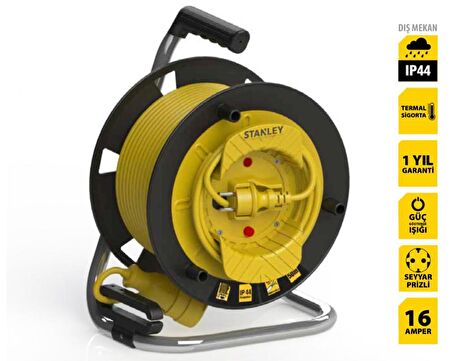 STANLEY PROFESYONEL MAKARALI KABLO , ST-G SERİSİ TERMİKLİ IP44, 1 SOKETLİ 50 METRE 3x1,5mm
