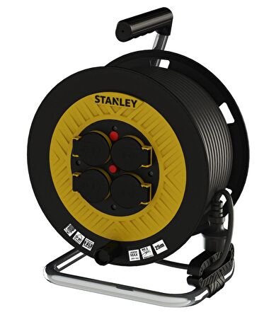 STANLEY PROFESYONEL MAKARALI KAUÇUK KABLO  TERMİKLİ IP44 , 4 KAPAKLI SOKETLİ 25 METRE 3x1,5mm RASE