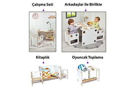 Minera 0-6 Yaş Saka Ahşap Montessori Çocuk Oyun, Çalışma ve Aktivite Masası ve Sandalyesi Seti