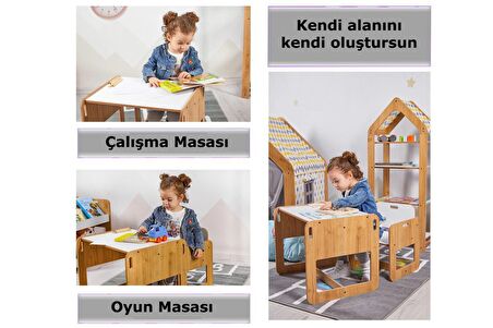 Minera 2-4 Yaş Kumru Ahşap Montessori Çocuk Oyun, Çalışma ve Aktivite Masası ve Sandalyesi