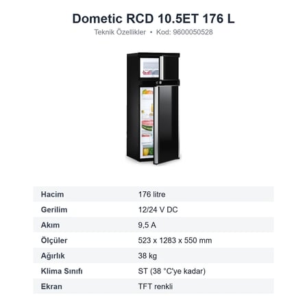 Dometic RCD 10.5ET Kompresörlü Karavan Buzdolabı 176 L 12/24 V, TFT Ekran, Çift Yönlü Kapı (9600050528)